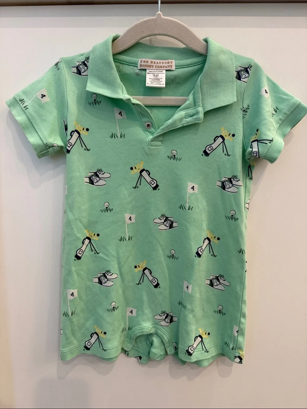 The Beaufort Bonnet Company Mint Green Golf-Print Polo Romper